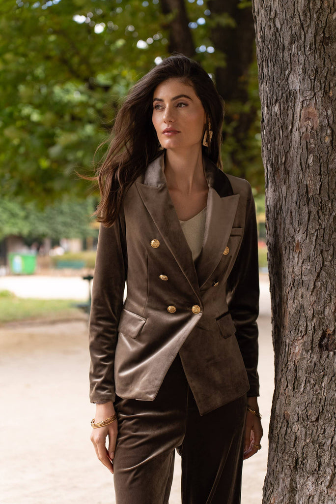 Taupe Double-breasted velvet jacket with gold buttons