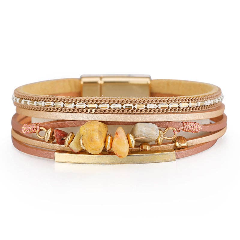 Cream Bohemian Natural Gravel & Leather WovenBracelet - BJ/LB: 2