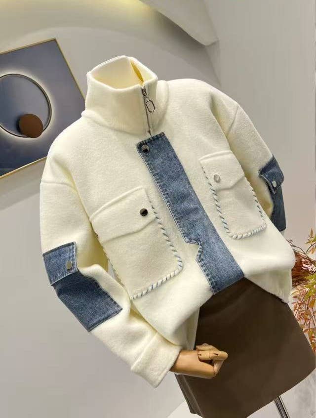 Wool-effect jacket with denim details: ECRU