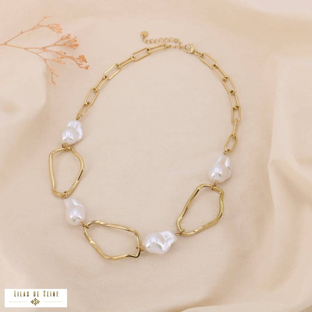 Chunky chain necklace with imitation baroque pearl steel Yellow gold