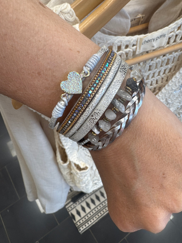 Silver Gravel Woven Leather Magnetic Buckle Bracelet - BJ/LB: White