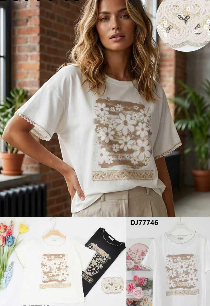 Floral Lace Detail Tshirt White/Black