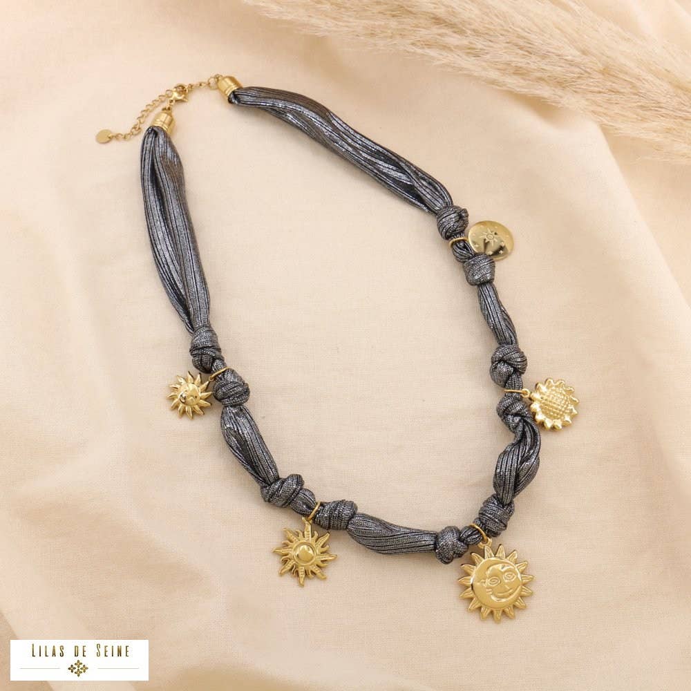 Stainless steel astral charms knotted fabric necklace Silver / Stainless steel