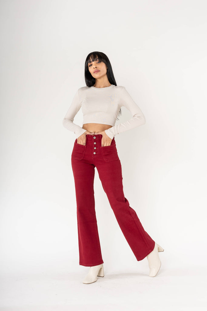 Bordeaux Red Wide High Waist Stretch Flare jeans