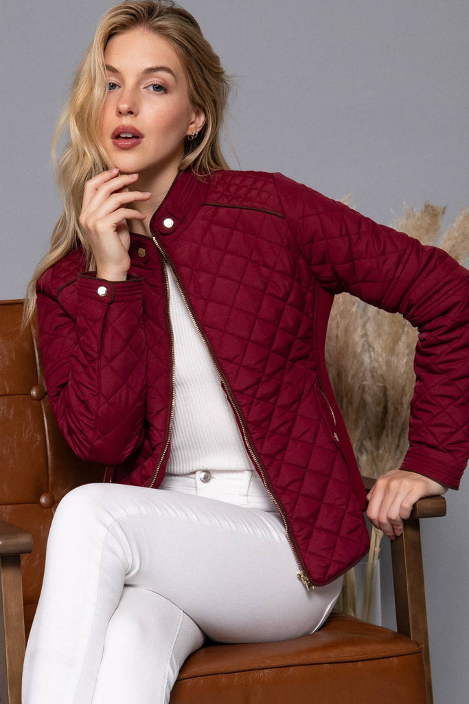 Wine Suede Piping Detail Rib Quilted Padding Jacket