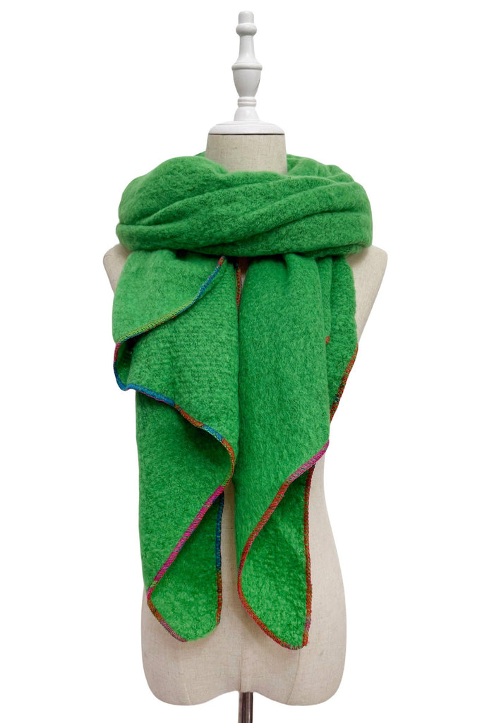 Plain Contrast Stitch Wool Diagonal Edge Scarf: Green