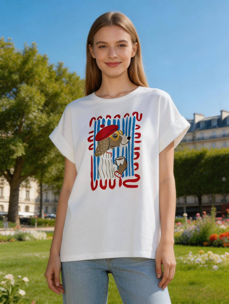 Parisian Dog Printed T-shirt: White / One size