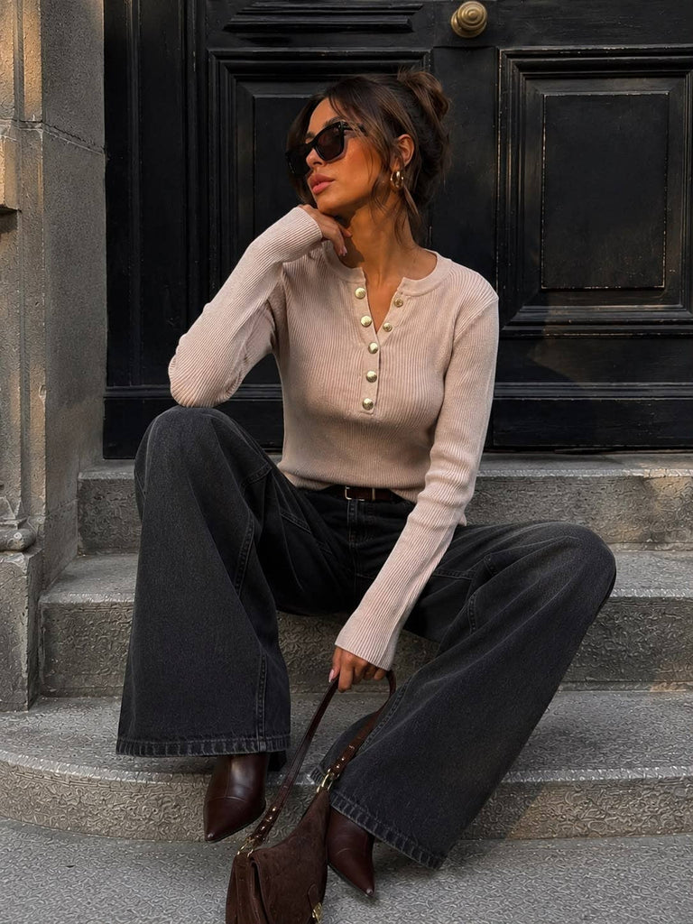 Taupe Women's Ribbed Knit Sweater – Buttoned Neckline & Fitted Cut