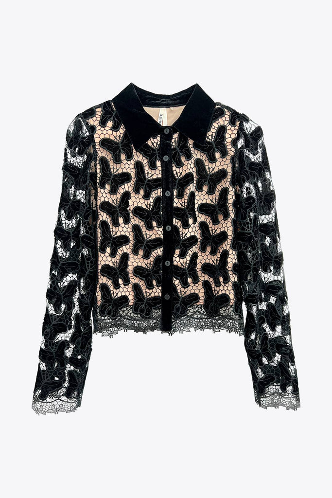 Embroidered lace shirt with butterfly patterns: Black Velvet
