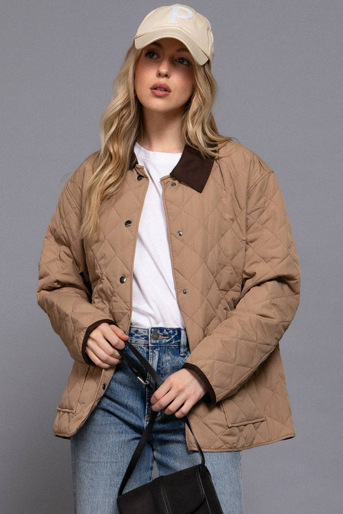 Camel Long Sleeve Contrast Lapel Collar Quilted Puffer Barn Jacket