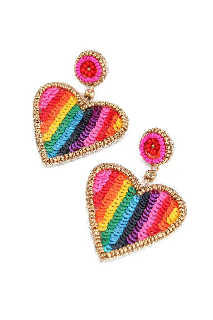 RAINBOW STRIPE BEADED HEART EARRINGS