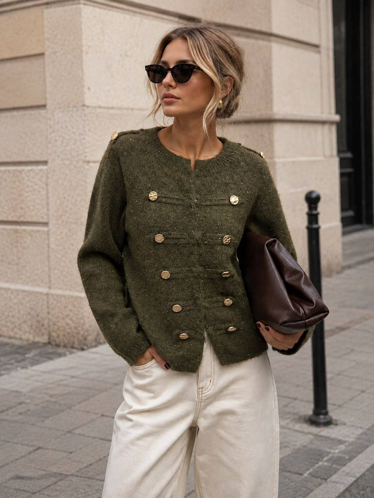 KHAKI WOMEN'S TEXTURED KNIT CARDIGAN WITH GOLD BUTTONS