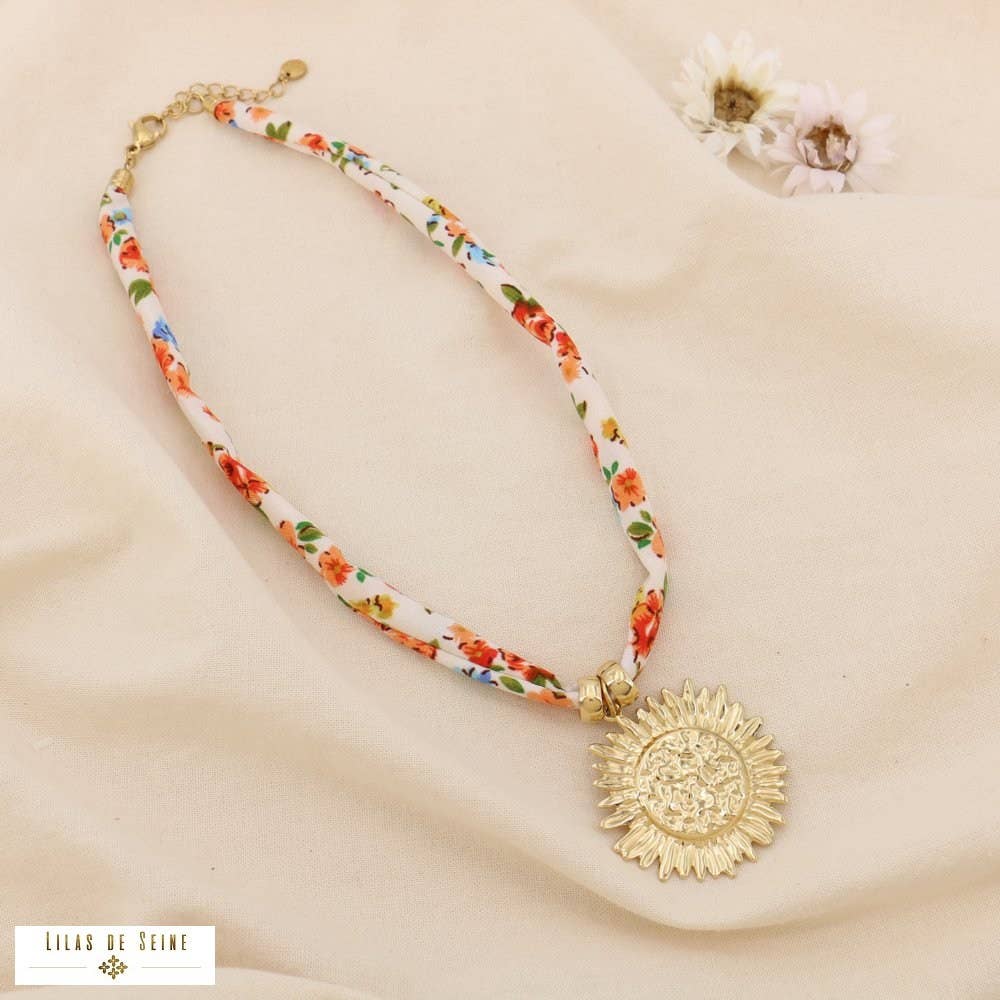 Floral Fabric Necklace Sun Pendant Steel Multicoloured