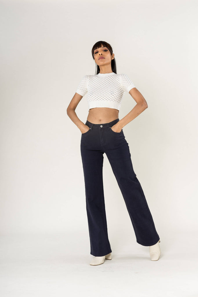 Flare High Waisted Stretch Wide Leg Jeans Navy