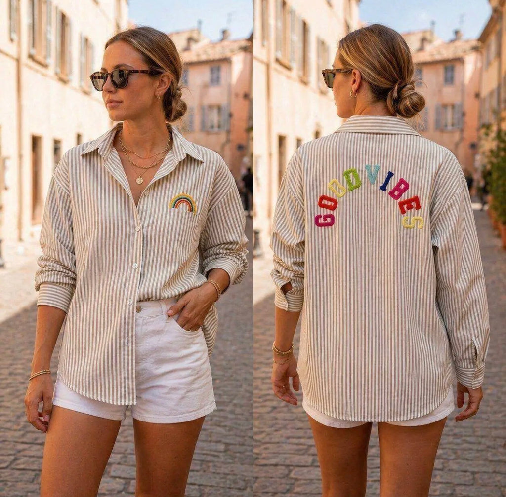 Beige Good Vibes Stripe Shirt