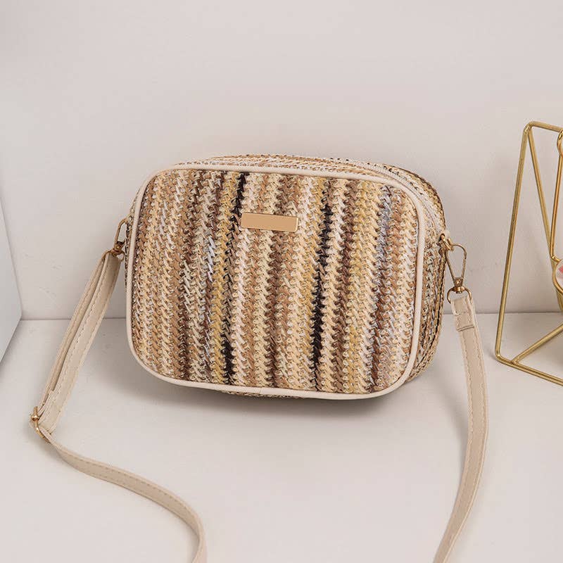 Multicolor PVC Straw Striped Pattern Camera Bag-CLR-1: Beige