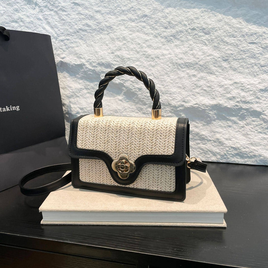 Small PVC Straw Effect Two-toned Top Handle Bag-9408: Black-beige