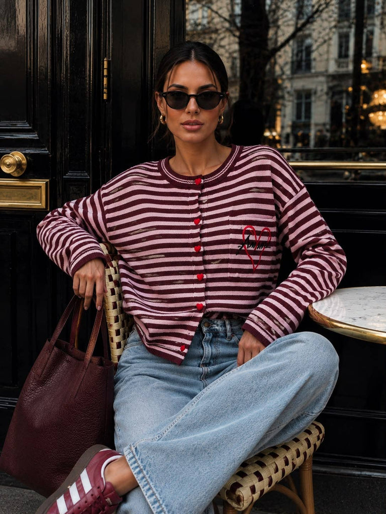 Ryn Wine/Pink Women's Striped Knit Cardigan with Heart Buttons and Heart Embroidery