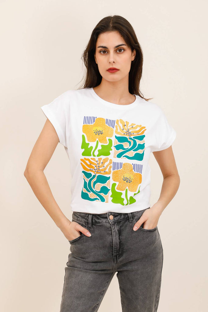 White T-Shirt Floral Motif & Blue Diamanté