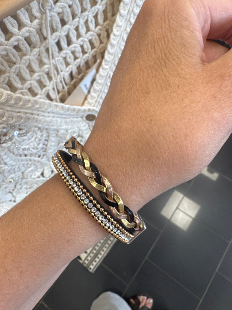 Gold, Rose Gold & Black Pu Leather Multi Layer Magnetic Buckle Bracelet MIO71368 -LB: A