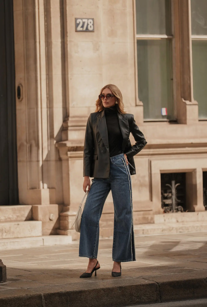 Sawyer Navy Side Stripe Fringed Straight Leg Jeans