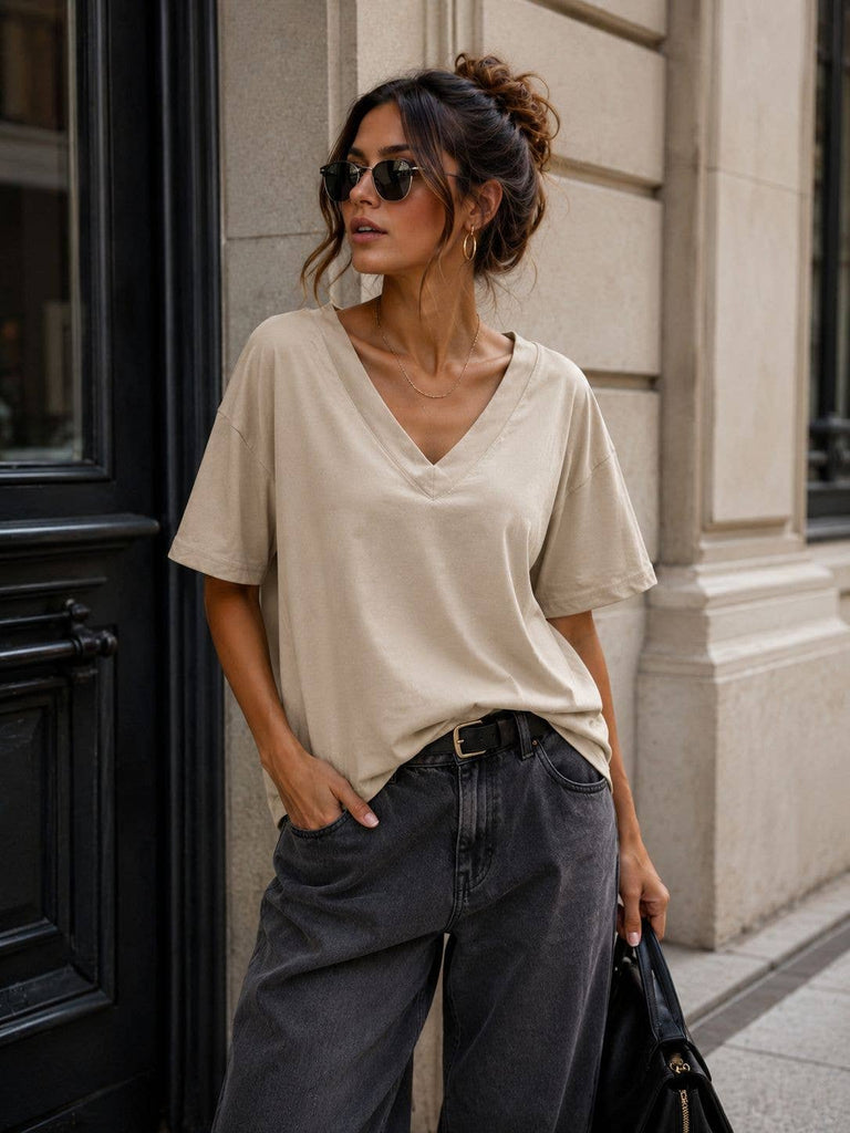 Taupe Oversized V-neck Short-Sleeve T-Shirt