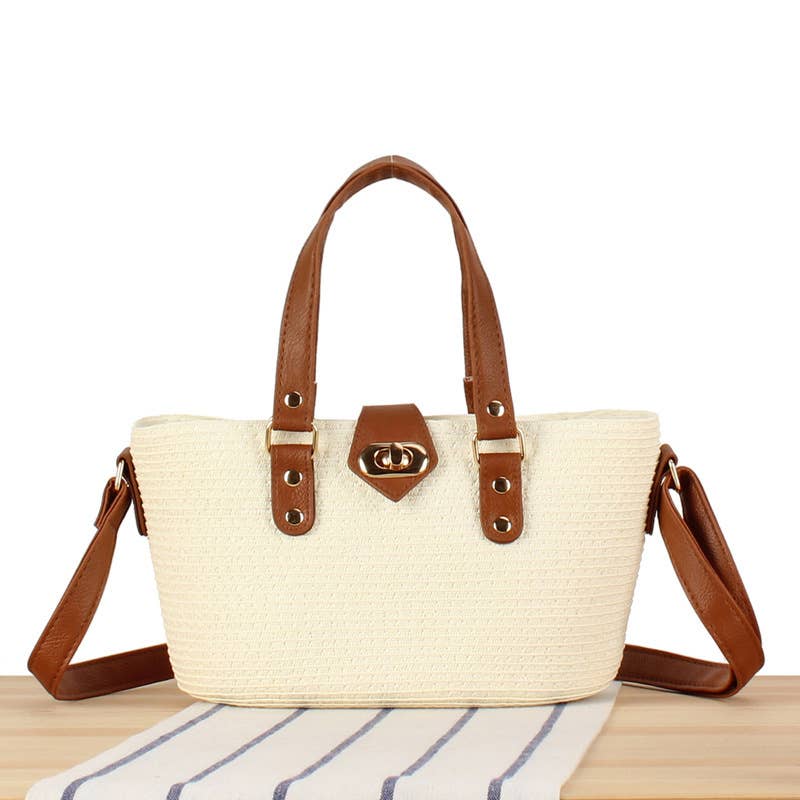 Small Medium Two-toned Paper Straw Bag-Beige