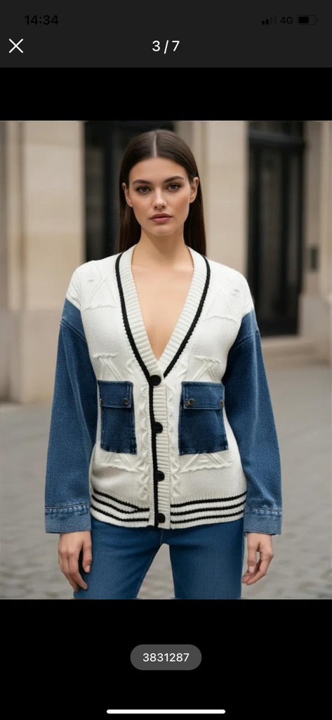 Cream Knit Denim Cardigan