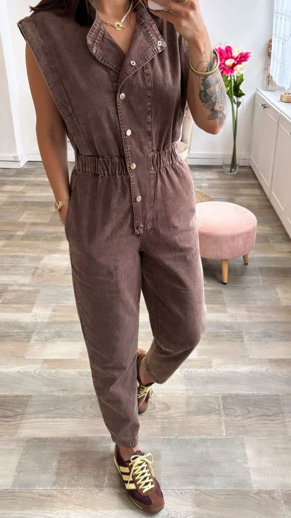 Chocolate Brown Denim Jumpsuit