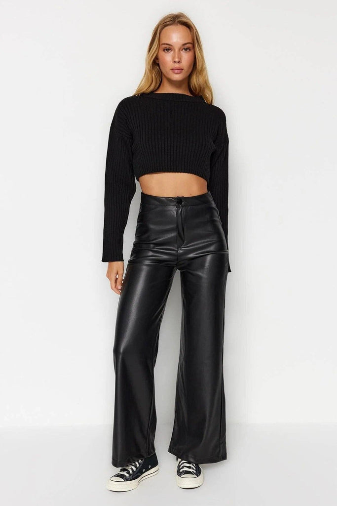 ** ALL SIZES RESTOCKING SOON** Faux Leather Black Wide Leg Knit Trousers with Pocket Detail