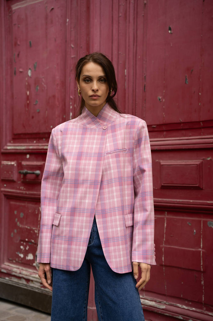 Rose Tailored jacket in contrasting checks with a folded mandarin collar