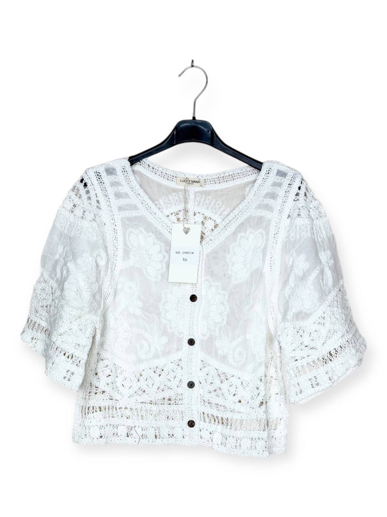 White Cara Crochet shirt with floral-patterned embroidery