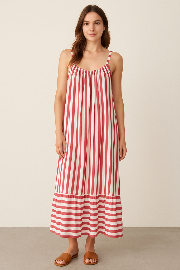 STRIPED SLIP DRESS WITH RUFFLE HEM: Red