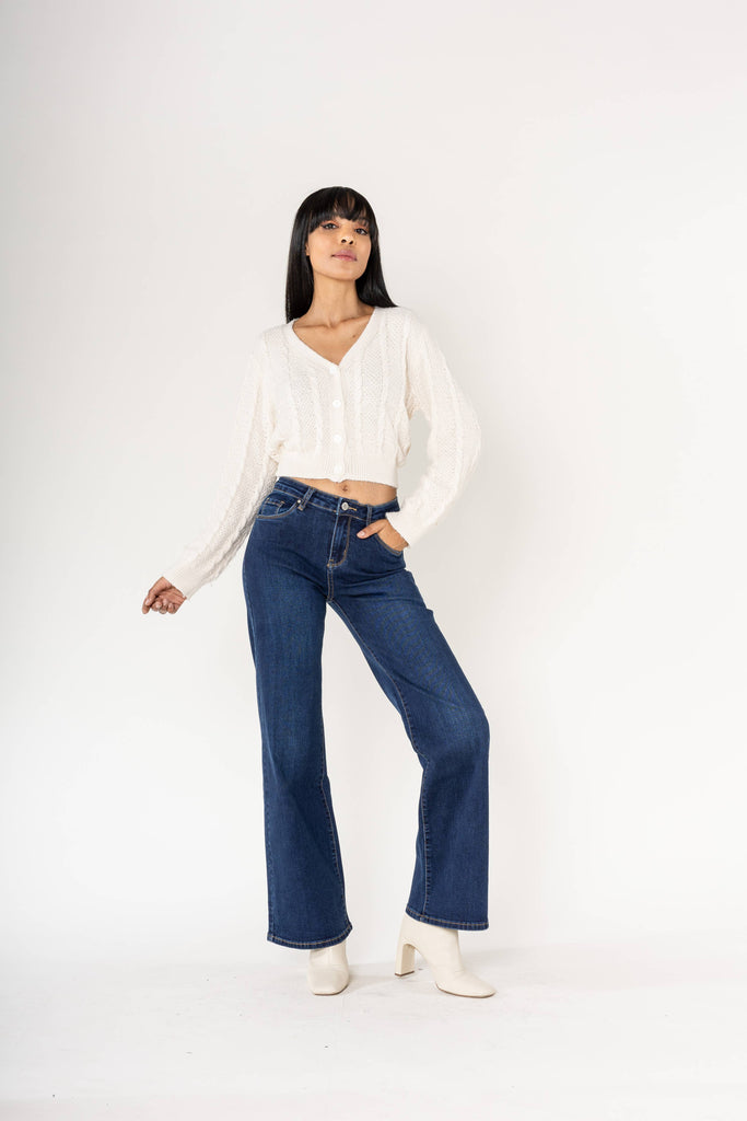 Flare High Waisted Stretch Wide Leg Jeans P080 Dark blue