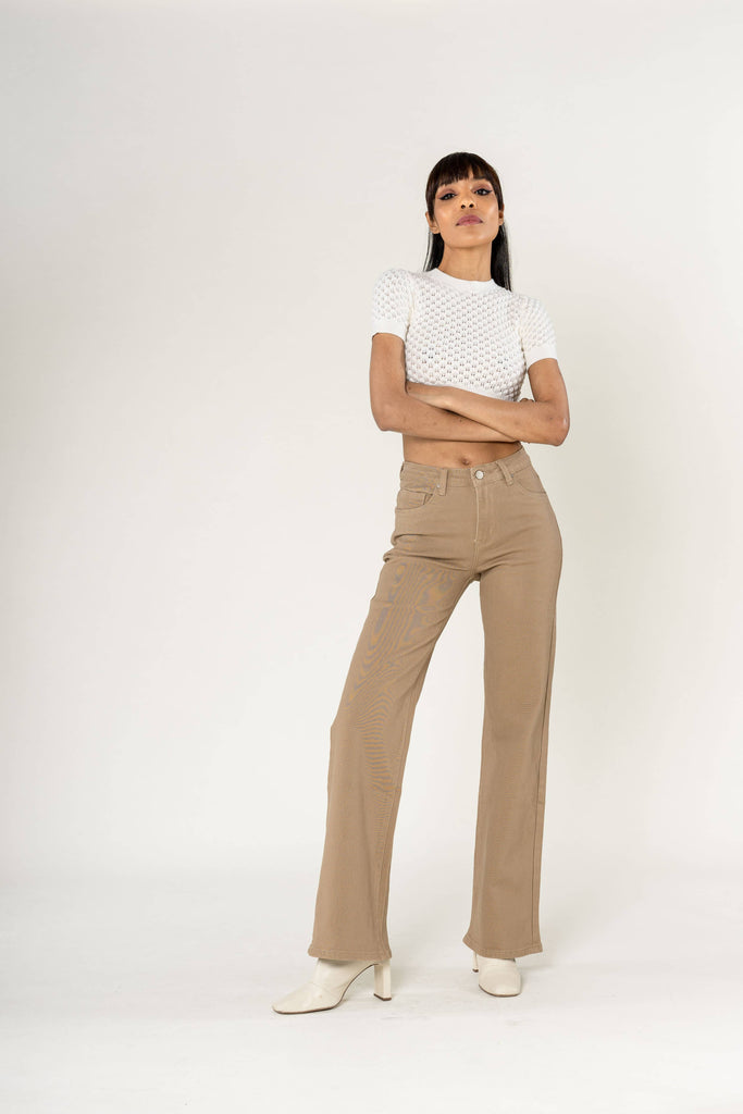 Dark Taupe Flare High Waisted Stretch Wide Leg Jeans P080