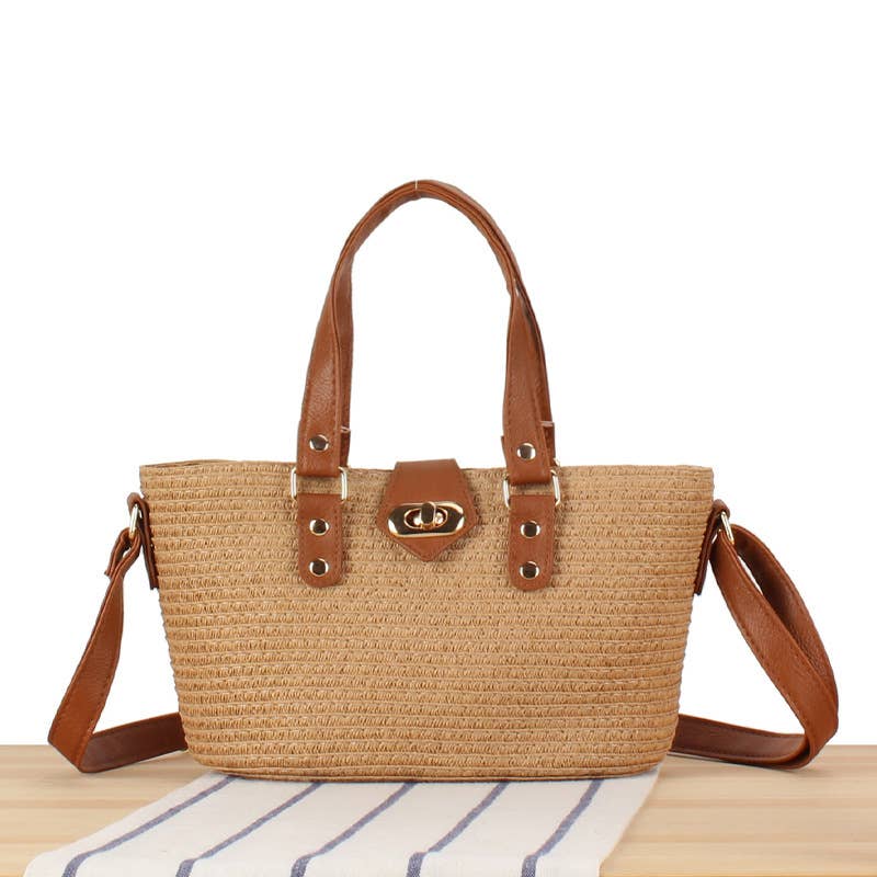 Small Medium Two-toned Paper Straw Bag-Taupe