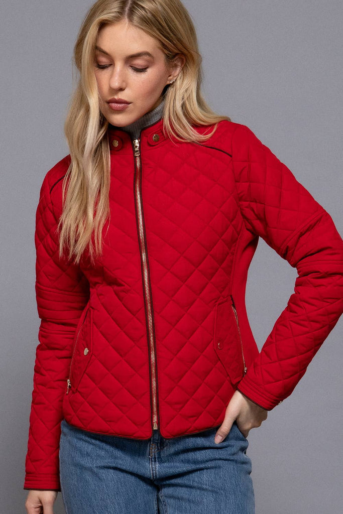 Red Suede Piping Detail Rib Quilted Padding Jacket