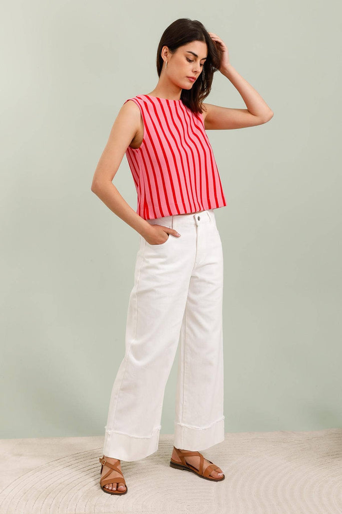 WHITE TURN-UP HEM WIDE LEG JEANS