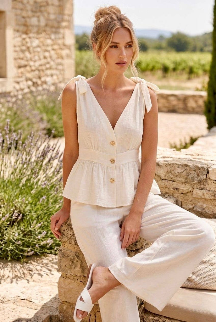 Flowy knotted-shoulder top, romantic style: Ecru
