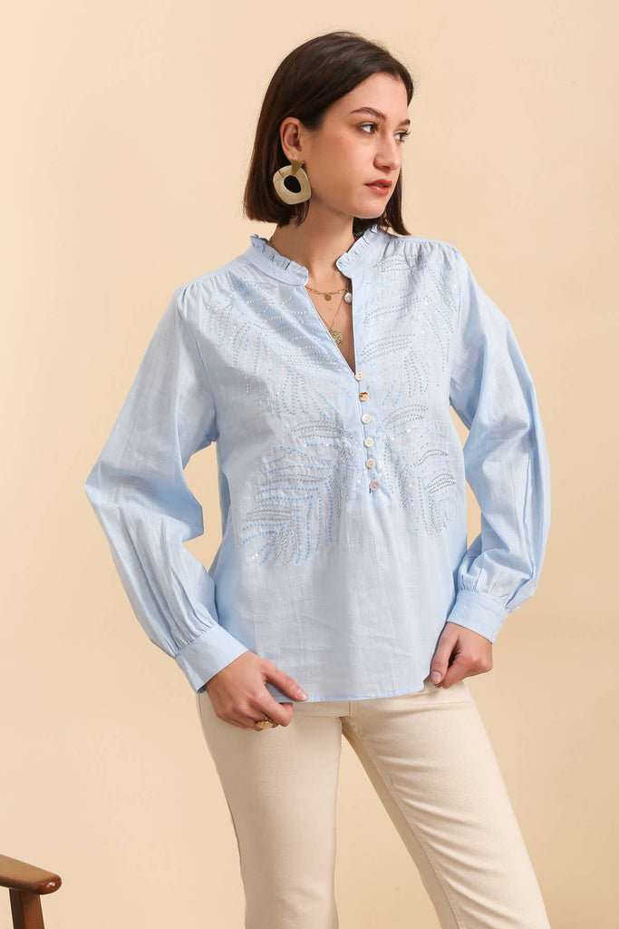 Blue Cotton Shirt with Beaded Embroidery