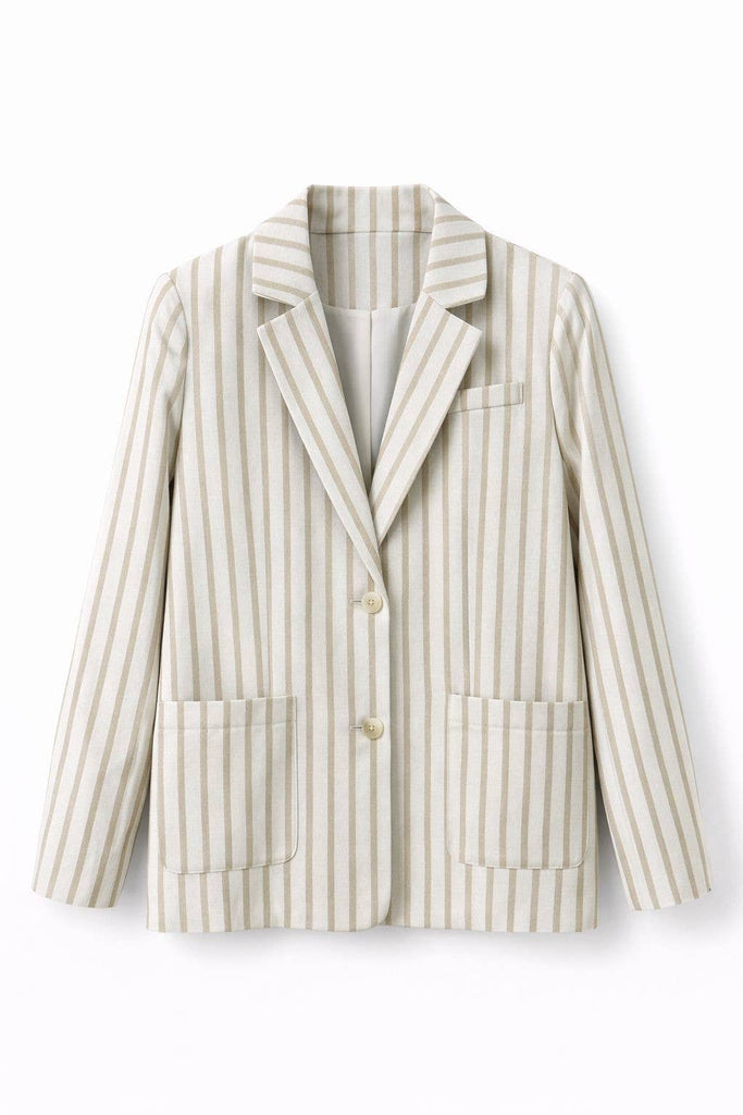 Beige Straight-cut Striped Blazer with Metallic Gold Fleck
