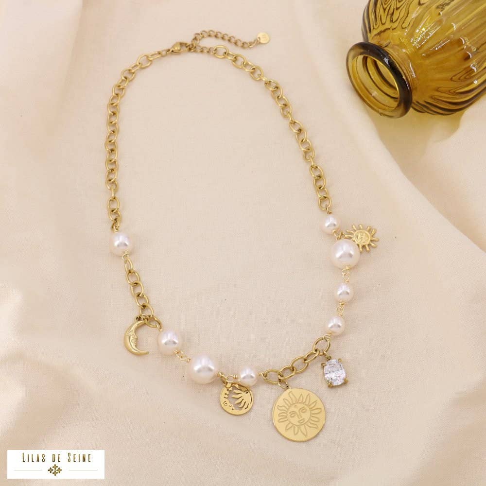 White Stainless steel necklace. sun moon pearl rhinestone charms