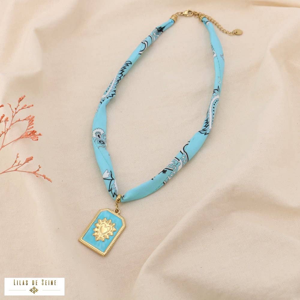 Blue Bohemian Necklace Colored Fabric Steel Heart Enamel