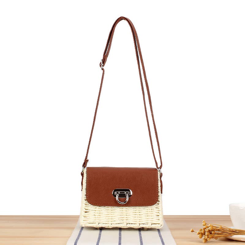 Small Front Clasp Opening Straw Bag Shoulder Bag Beige