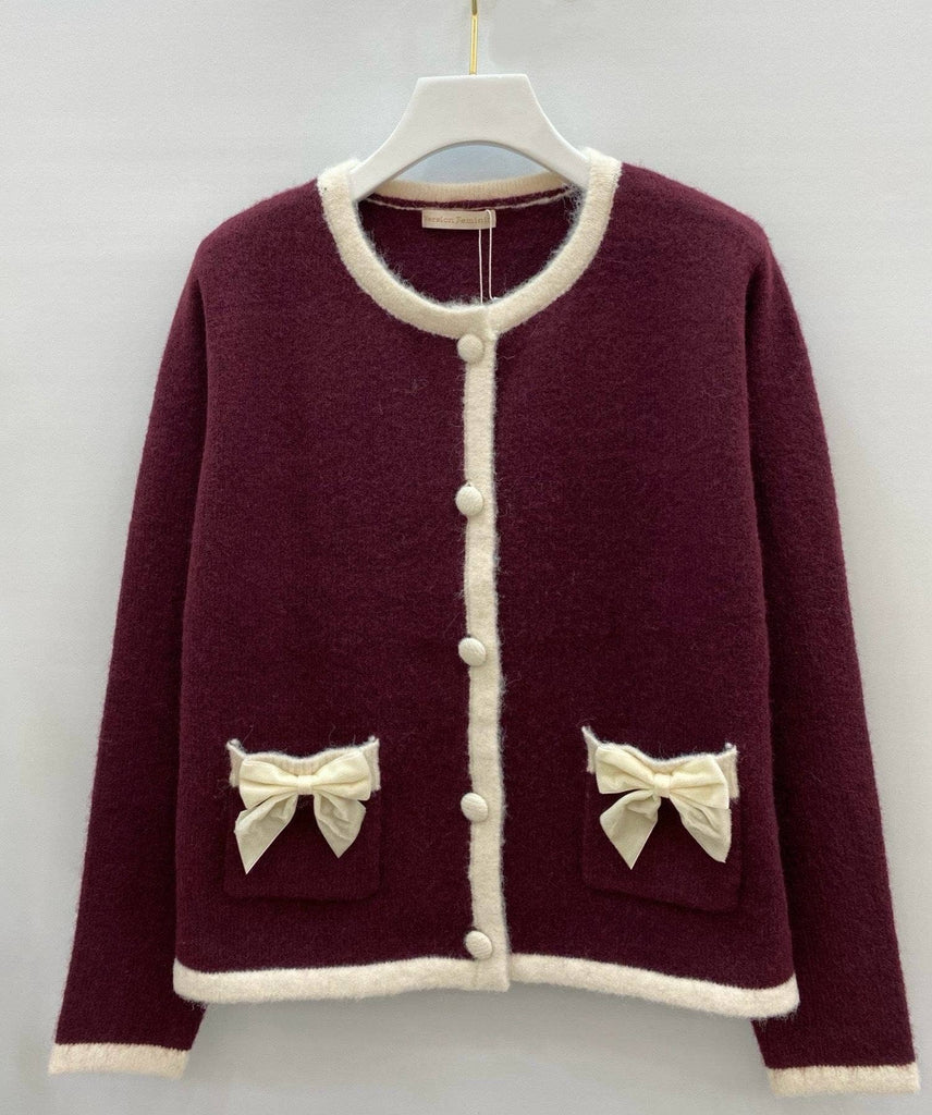 Burgundy Cardigan Cream Trim & Bow Detail