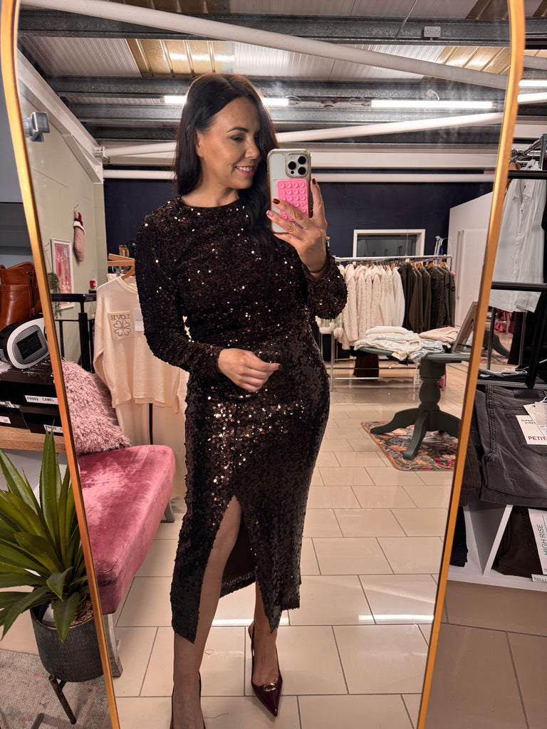 Rich Dark Brown Sequin Lined Slip Skirt