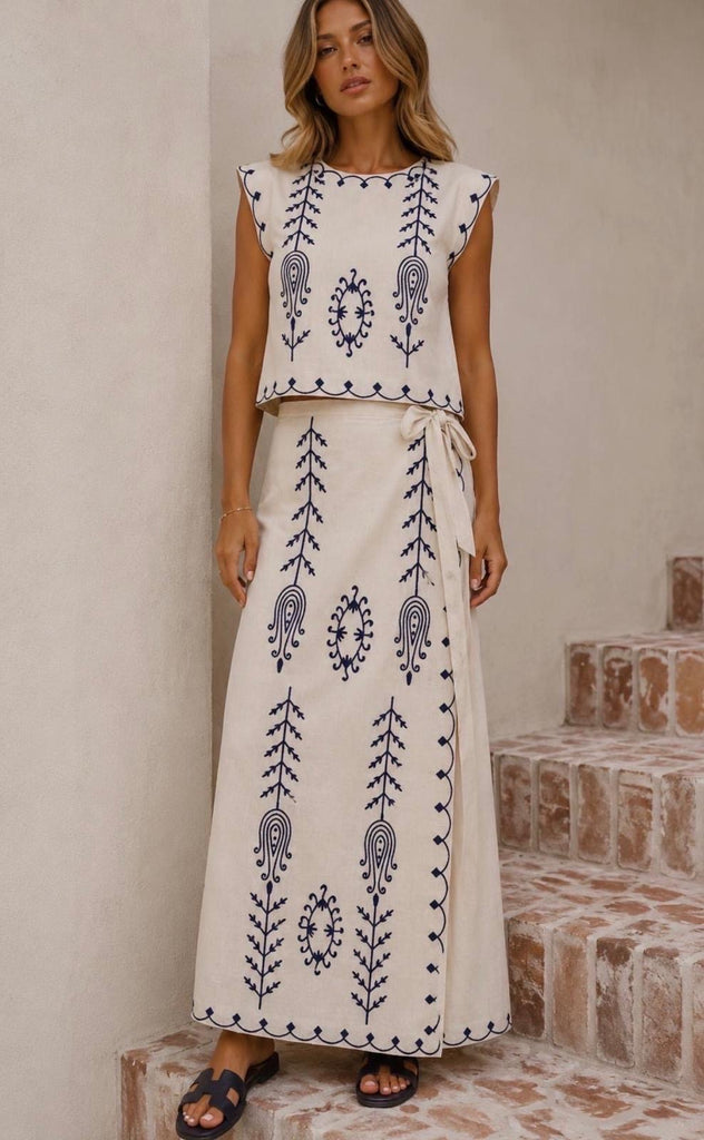 Timeless Elegance Embroidered Set Natural and Navy Embroidery.