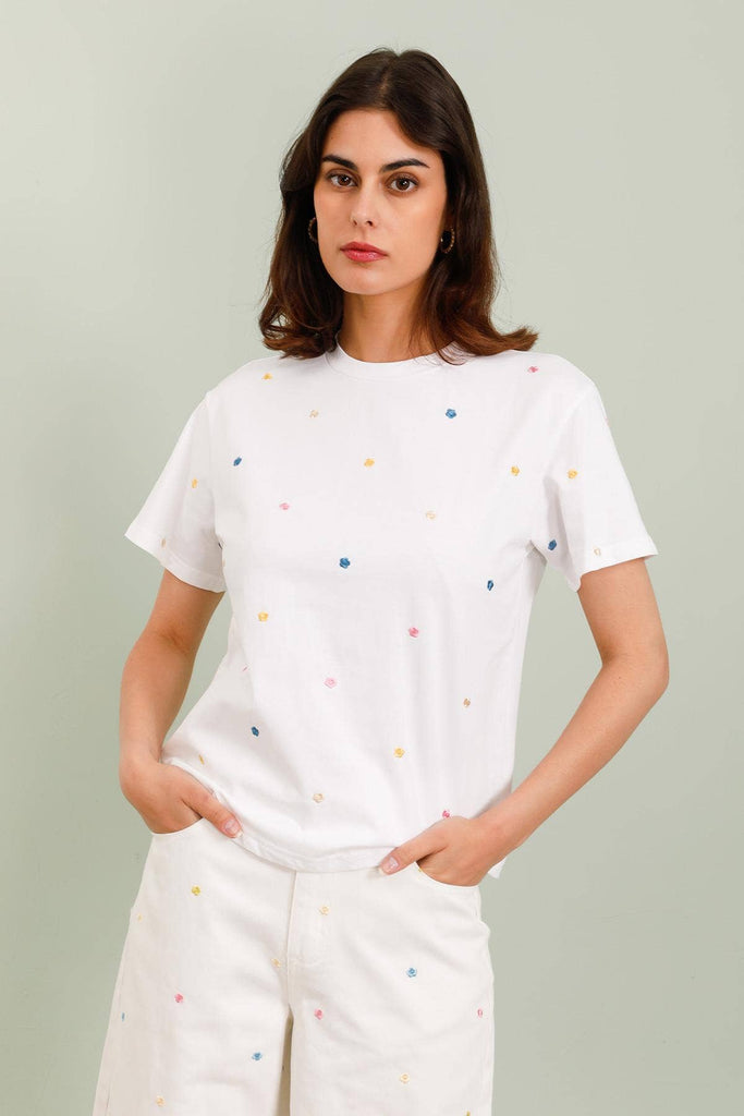 MARGUENTE FLORAL EMBROIDERED T-SHIRT: White