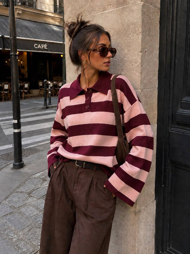 Prune / Pink Striped Oversized Polo Sweater