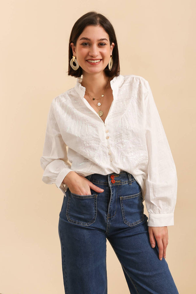 White Cotton Shirt with Beaded Embroidery
